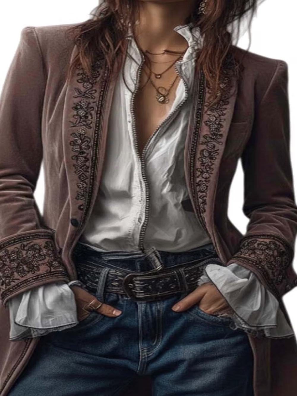 Embroidered velvet  mauve Women's Tailored Jacket never worn. Soft lounge like